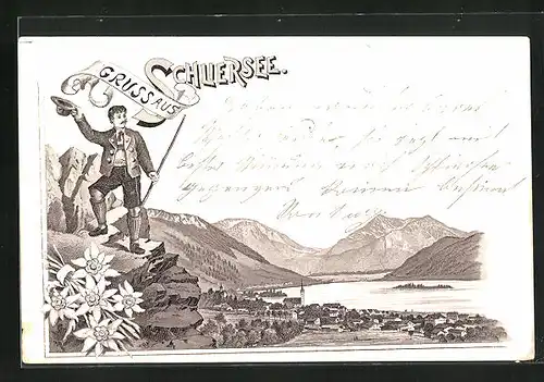 Lithographie Schliersee, Ortspanorama mit Gebirgswand, Wanderer grüsst vom Berg mit seinem Hut