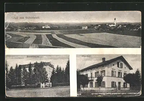 AK Schonstett, Sanatorium, Pfarrhof, Ortspanorama