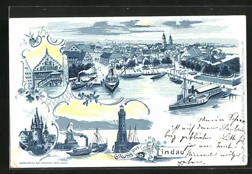 Mondschein-Lithographie Lindau / Bodensee, Hafeneinfahrt mit Leuchtturm, Schloss und Gesamtansicht