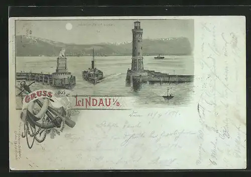 Mondschein-Lithographie Lindau / Bodensee, Hafeneinfahrt mit Leuchtturm