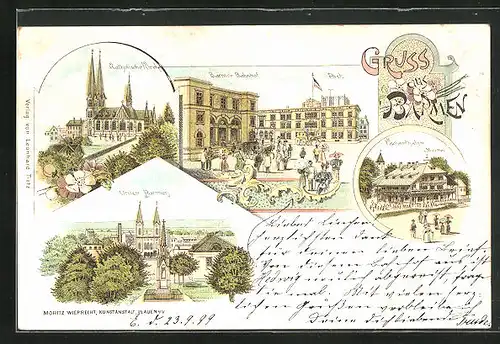 Lithographie Barmen, Katholische Kirche, Post, Bahnhof, Fischerthaler Meierei