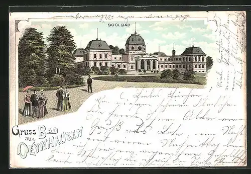 Lithographie Bad Oeynhausen, Kurhotel mit Kurpark und Spaziergängern