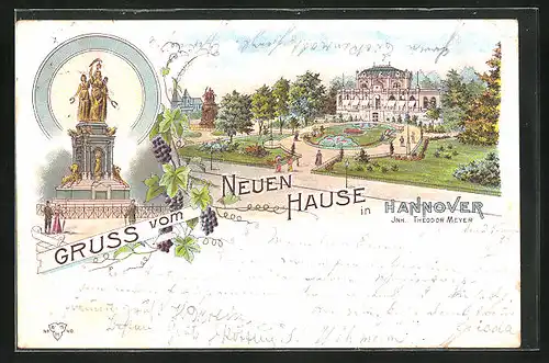 Lithographie Hannover, Hotel Neues Haus mit Gartenanlage, Denkmal