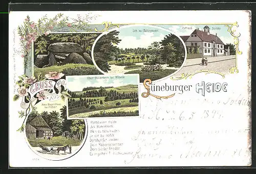 Lithographie Soltau, Rathaus, Sieben Steinhäuser, Ansichten von Lith und Heber'schers Bauernhaus