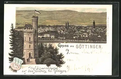 Lithographie Göttingen, Bismarckturm auf dem Hainberg, Ortspanorama