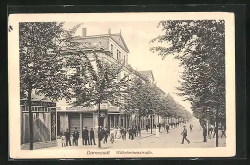 AK Darmstadt, Wilhelminenstrasse mit Handlung von H. Schuchardt