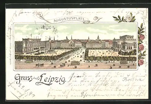 Lithographie Leipzig, Blick auf den Augustusplatz, Strassenbahn und Pferdekutsche