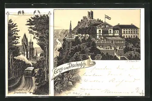 Lithographie Königswinter, Drachenfels, Zahnradbahn und Drachenburg