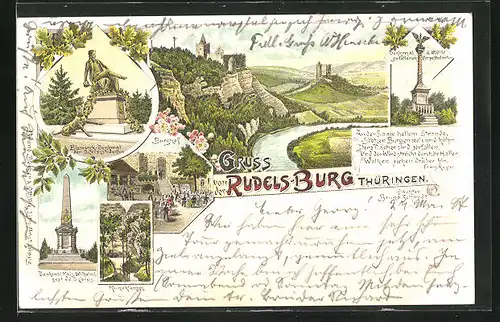 Lithographie Rudelsburg / Thüringen, Bismarckdenkmal, Kunoklamm, Rudelsburg und Burghof