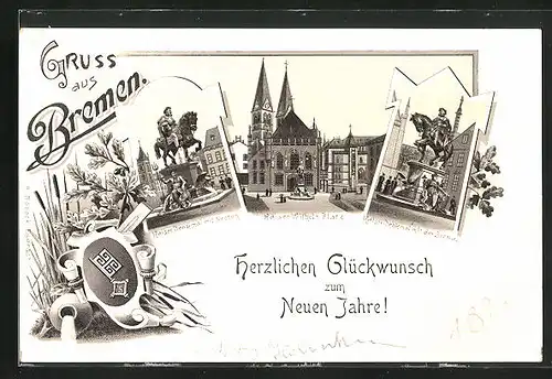 Lithographie Bremen, Kaiser-Denkmal mit Neptun, Kaiser Wilhelm-Platz, Kaiser-Denkmal mit der Brema