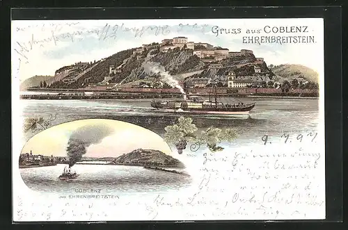 Lithographie Coblenz / Rhein, Gesamtansicht mit Ehrenbreitstein