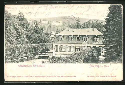 AK Stolberg / Harz, Gasthaus Schützenhaus, Schloss im Hintergrund