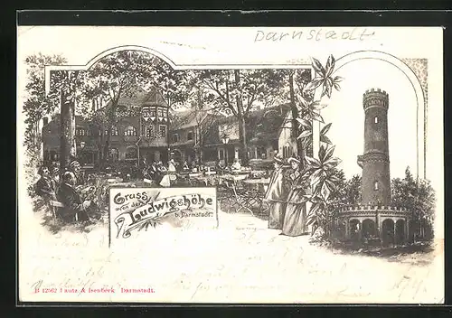 Lithographie Darmstadt, Gasthaus Ludwigshöhe und Aussichtsturm