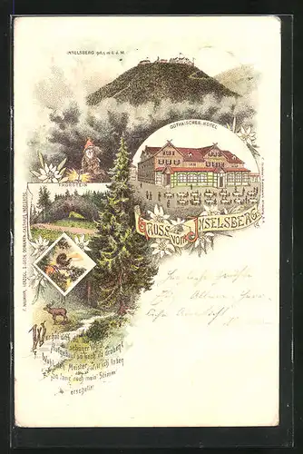 Lithographie Inselsberg, Gothaisches Hotel, Thorstein und Panorama