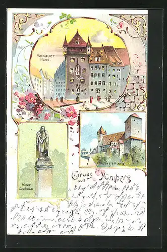 Lithographie Nürnberg, Dürer-Denkmal, Nassauer Haus und Kaiserstallung