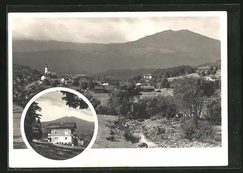 AK Eisenstein, Gasthaus Anna Kreuzer, Panorama mit Blick auf den Arber