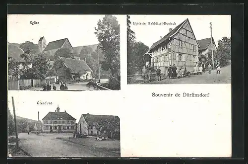 AK Dürlinsdorf, l'Eglise, Grand'rue, Epicerie Hablützel-Ruetsch