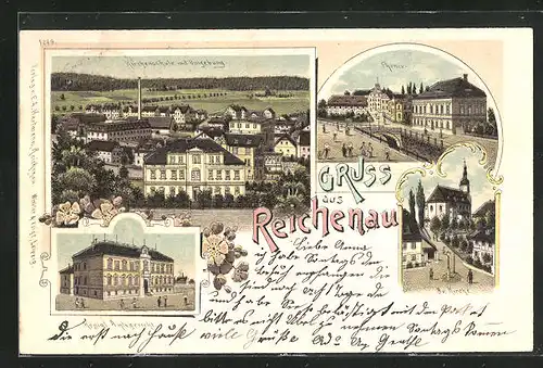 Lithographie Reichenau, Kgl. Amtsgericht, Kirchenschule, Ev. Kirche, Phönix