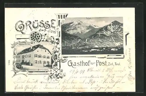 AK Zirl, Gasthof zur Post, Totale mit Gebirgswand