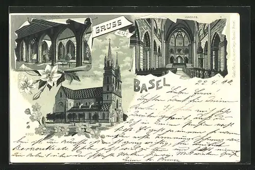 Lithographie Basel, Münster, Aussen- und Innenansicht, Kreuzgänge