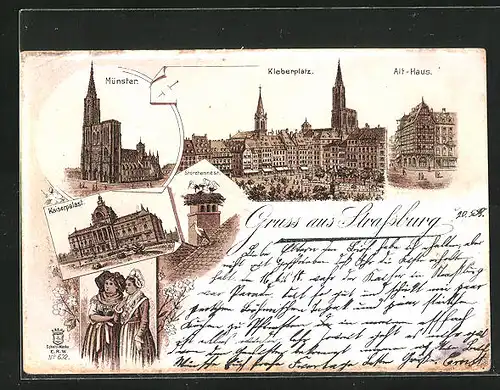 Lithographie Strassburg, Kaiserpalast, Münster, Kleberplatz, Alt-Haus
