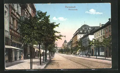 AK Darmstadt, Rheinstrasse mit Geschäften