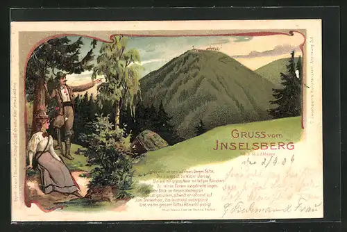 Lithographie Inselsberg, Liebespaar blickt auf den Inselsberg