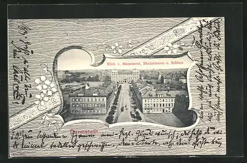 AK Darmstadt, Blick v. Monument auf Rheinstrasse und Schloss