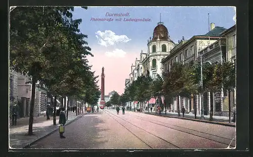 AK Darmstadt, Rheinstrasse mit Ludwigssäule