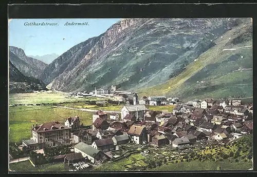 AK Andermatt, Gesamtansicht mit Gebirgswand