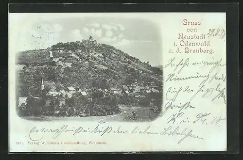 Mondschein-AK Neustadt / Odenwald, Totalansicht mit Breuberg