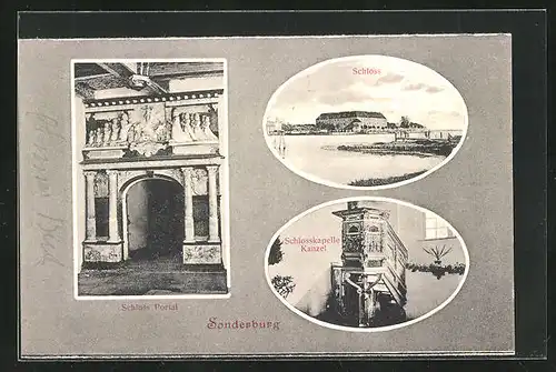 AK Sonderburg, Schloss Portal, Kanzel in der Schlosskapelle, Schloss Aussenansicht