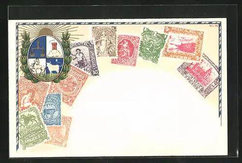 Lithographie Briefmarken aus Uruguay & Wappen