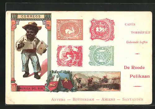 Lithographie Correos America del Sud, Briefmarken und kleiner Briefträger