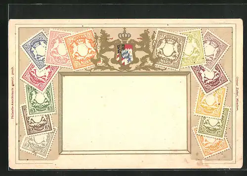 Präge-Lithographie Briefmarken und Wappen aus Bayern