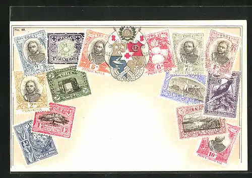 Präge-Lithographie Briefmarken aus Toga & Wappen