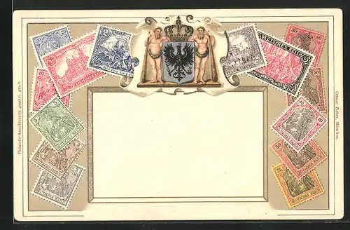 Präge-Lithographie Briefmarken aus dem Deutschen Reich & Wappen
