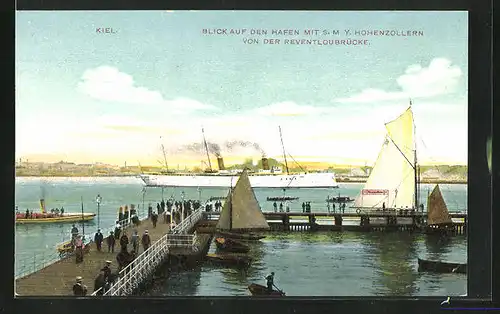 AK Kiel, Blick auf den Hafen mit S.M.Y. Hohenzollern