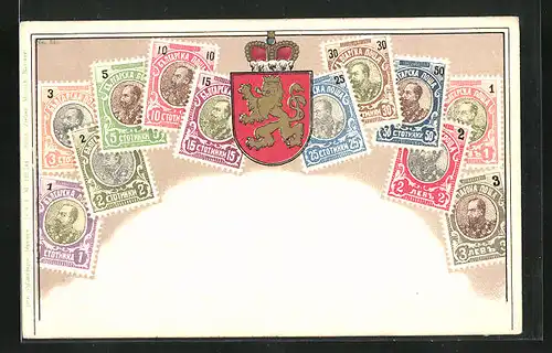 Lithographie Briefmarken aus Bulgarien und Wappen