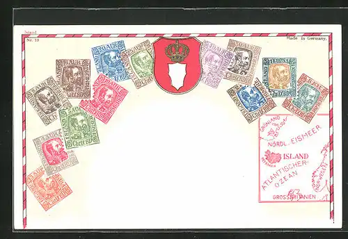 AK Briefmarken Islands mit Porträt König Christian IX. von Dänemark, Wappen, Landkarte
