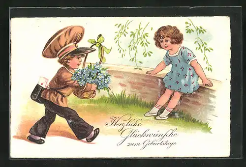 Lithographie Kleiner Briefträger bringt dem Mädchen Blumen