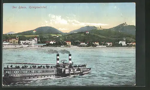 AK Königswinter / Rhein, Panorama mit Dampfer