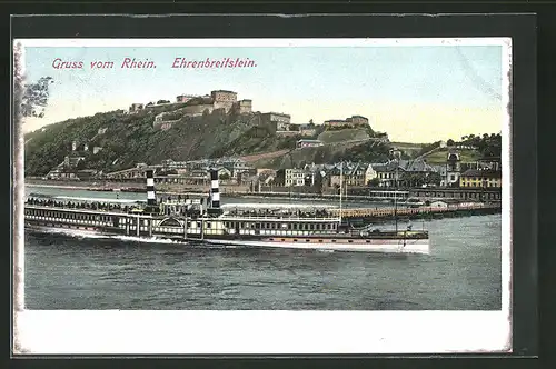 AK Ehrenbreitstein / Rhein, Panorama mit Dampfer