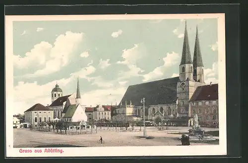 AK Altötting, Marktplatzmotiv mit Kirche und Brunnen