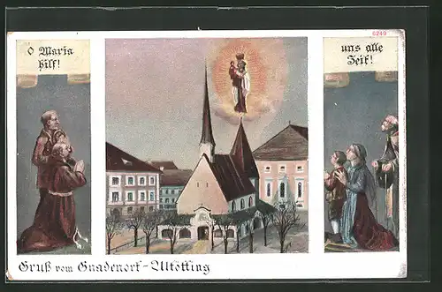 AK Altötting, Gnadenkapelle mit Marienbildnis, betende Mönche und Leute