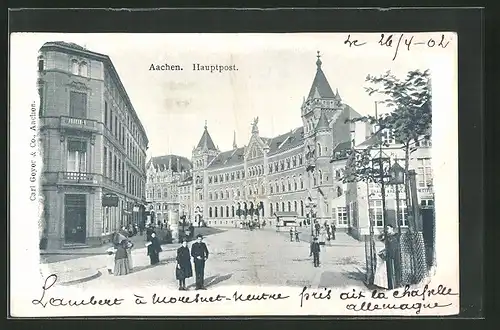 AK Aachen, Passanten und Litfasssäule an der Hauptpost