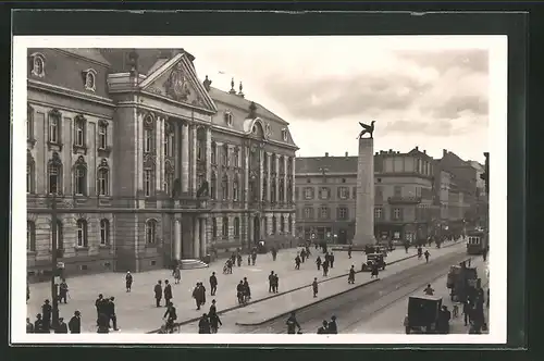 AK Karlsruhe, Hauptpostamt mit Grenadierdenkmal