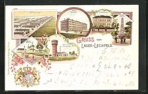 Lithographie Lager-Lechfeld, Barackenlager, Neue Kaserne und Wasserturm