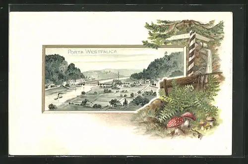 Passepartout-Lithographie Porta Westfalica, Panorama