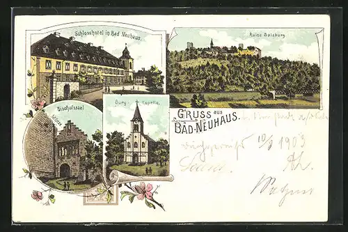 Lithographie Bad Neuhaus, Schllosshotel, Ruine Salzburg, Bischofssal, Burgkapelle